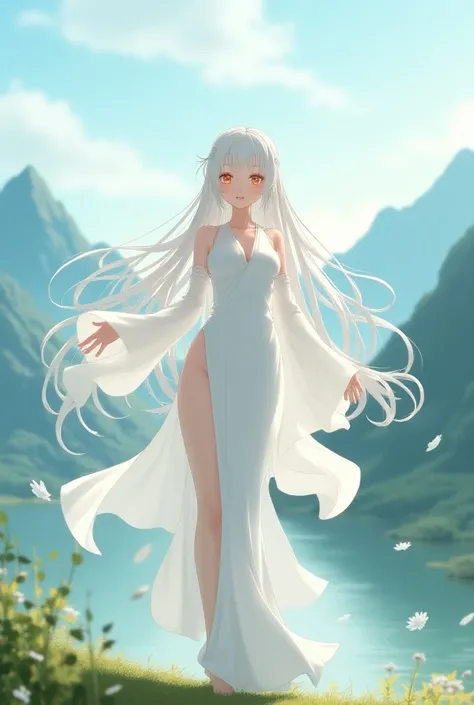 Hanfu costume,On the mountain , Anime,Long hair, White hair, orange eyes ,
Thin white dress, See the chest,  see the belly, I see the butt ,  below with no hiding place