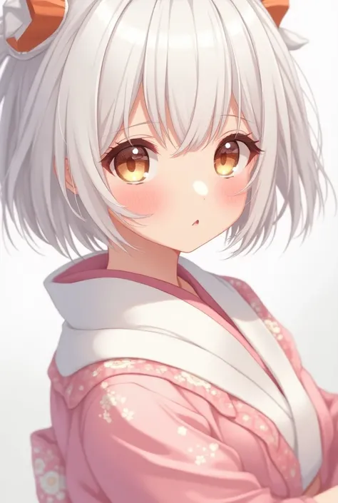 anime girl, white hair ,golden eyes,Kinomo in pink and white, blushing 