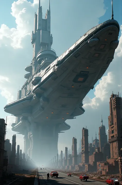 A photo from below , a Terran battle cruiser with a city background 