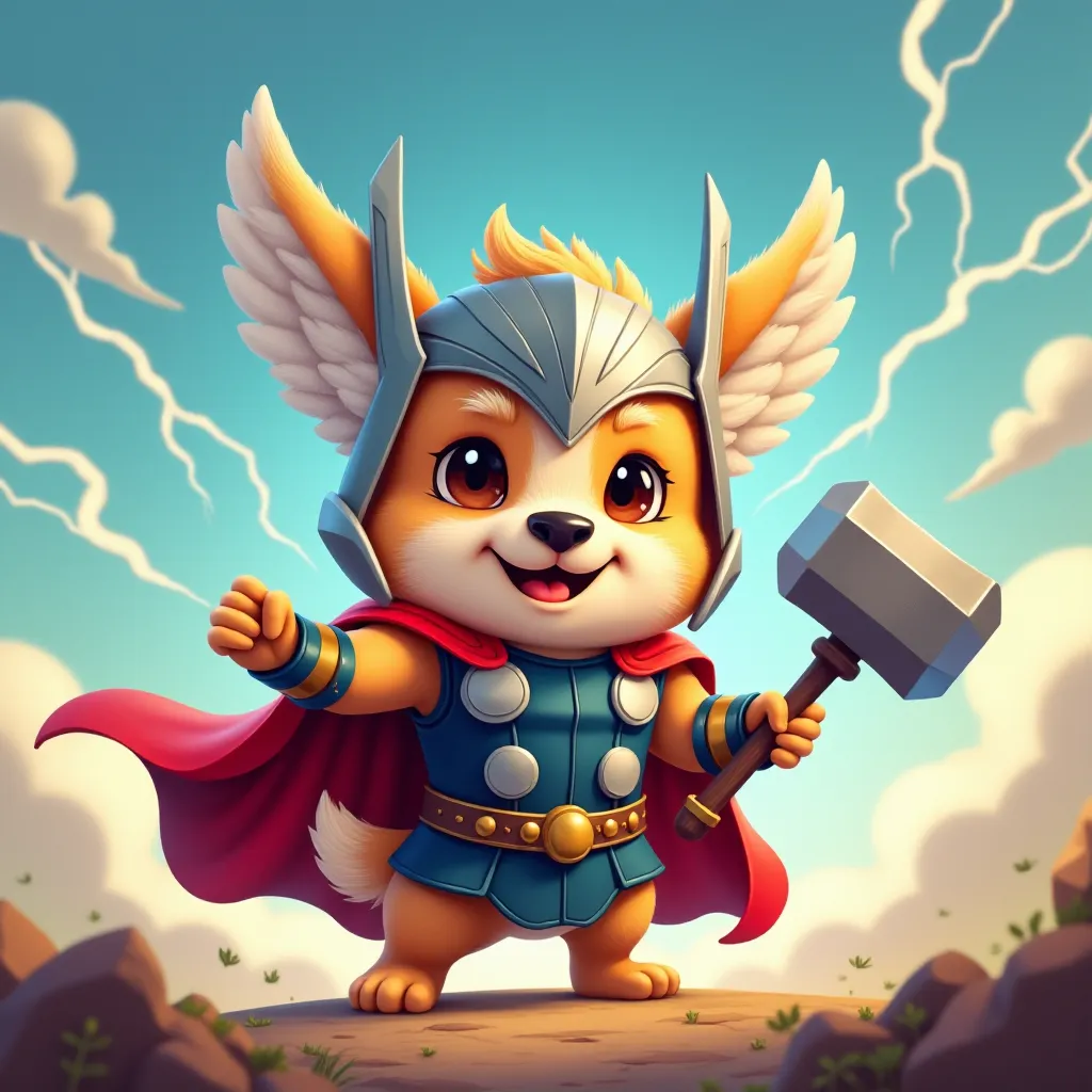 create a cute dog drawn in the costume of thor and his hammer