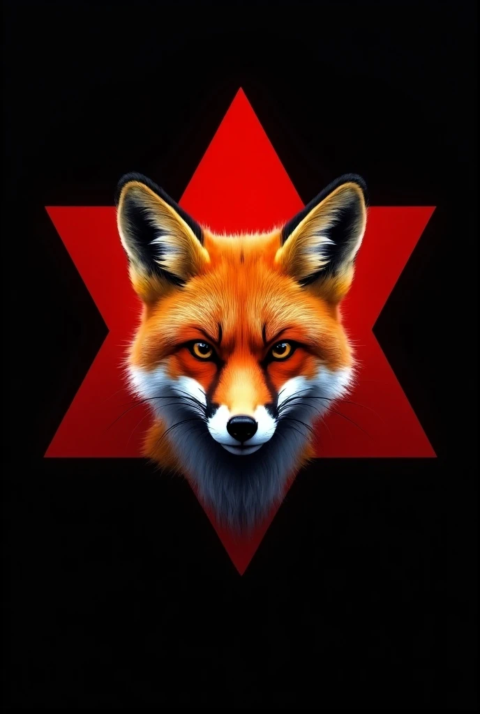 An orange and white fox face ,  inside a red triangle with a black background
