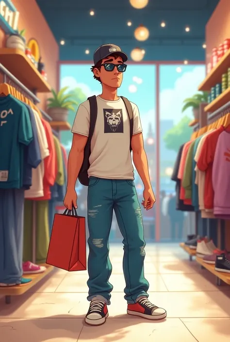 An animated-style image of a man,  25 years old, standing in the center of a clothing store, holding a shopping bag. The customer is wearing a graphic T-shirt, relaxed-fit jeans, and stylish sneakers, accessorized with a cap and sunglasses. The customer ha...