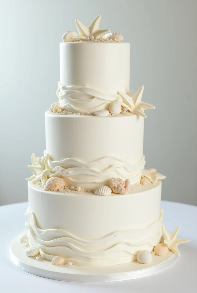  Bake a three-story wedding cake ,  with multiple ocean waves between floors , in neutral shades of white and sand , with shells , minimalist starfish and pearls 