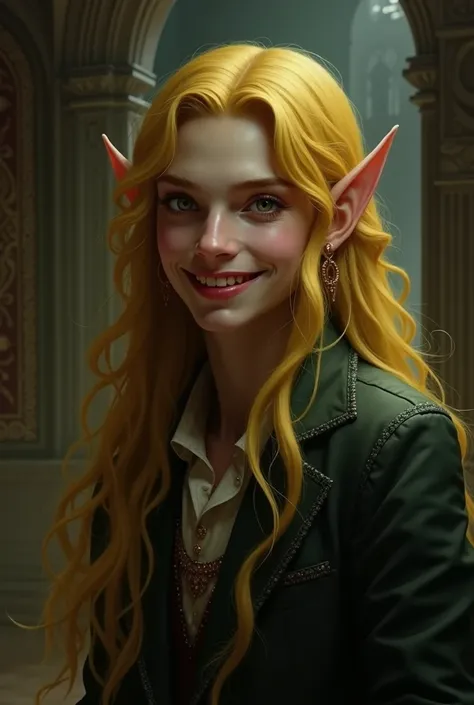 Smiling vampire elven man with vampire teeth middle ages , long yellow hair