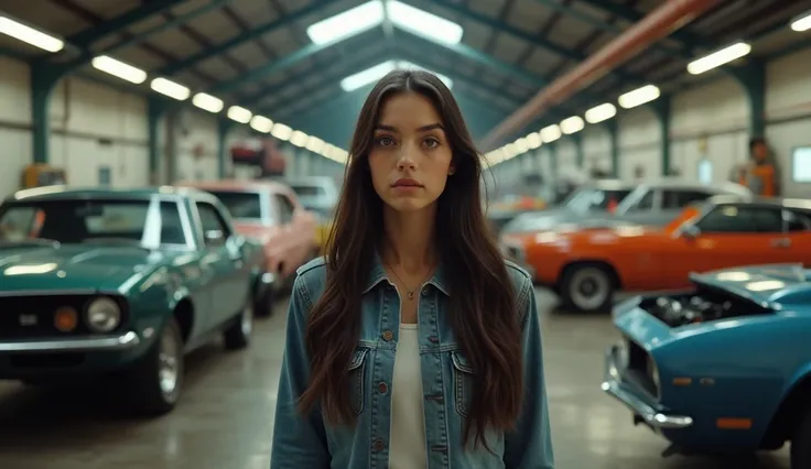 A realistic photograph of a busy auto repair shop, with various cars being worked on. In the foreground, a young woman in her late 20s with long, dark hair and green eyes stands, looking around with a mix of apprehension and anticipation—ar 16:9.