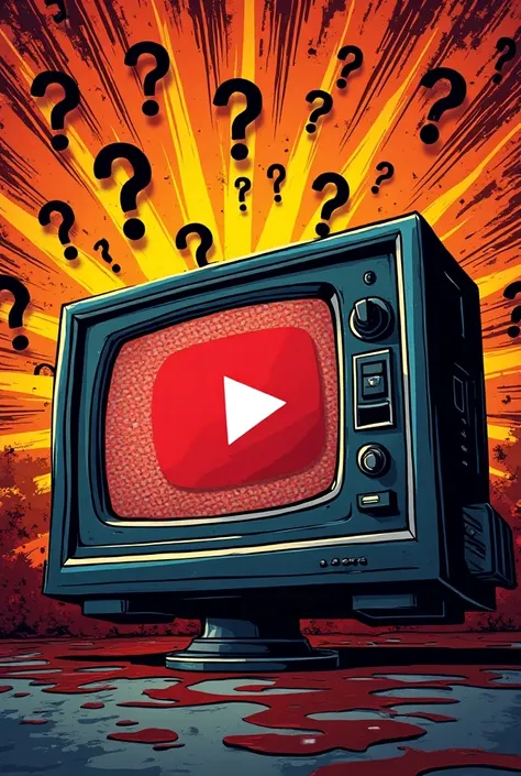 Create a TV design with only questions highlighted on the screen and with the YouTube logo . Use colors that arouse interest in looking and make the drawing look like a comic book 