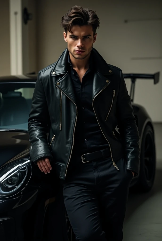 20-year-old bad boy leaning against a black Porsche GT3 RS