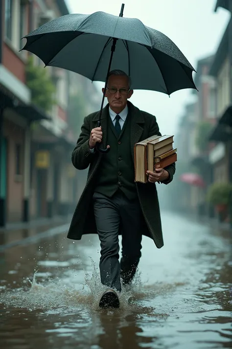 Un professeur mathématiques avec des livres en mains qui va à lécole avec son parapluie malgré il a des inondations.