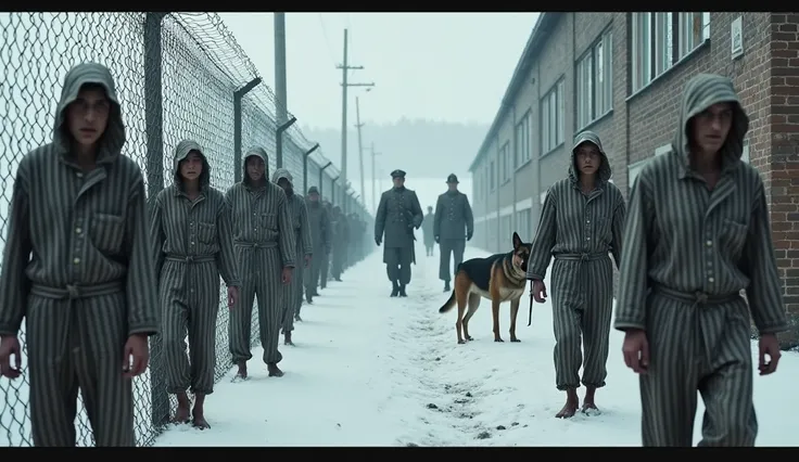  Create a scene with a panoramic view where in the foreground you can see Jews behind a wire fence that look very thin and wear striped pajamas, Create behind them in the background several Nazi soldiers with German shepherd dogs showing snow on the ground...