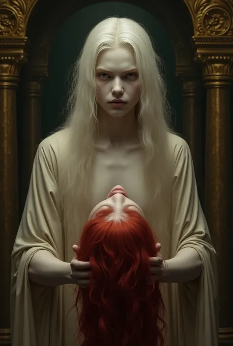 Make a boy with long white hair and very pale skin, in a Renaissance style background, he only wears a tunic that shows part of his thin chest, and holds the head of a decapitated red-haired man with long hair, in Renaissance style.
He is facing the photo.