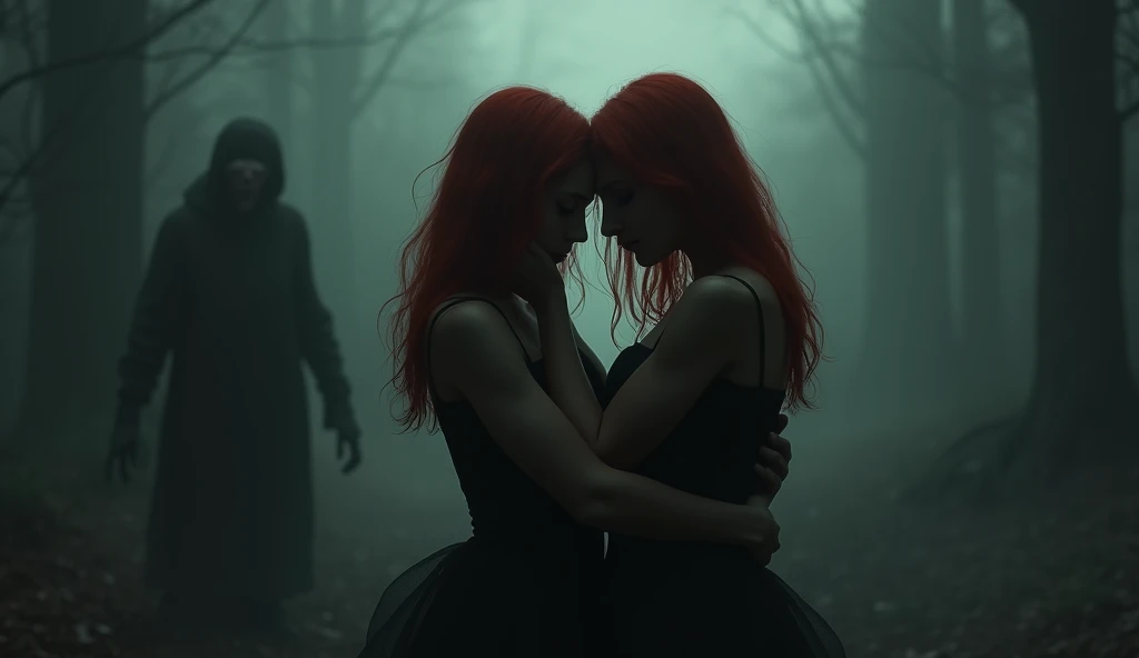  shadows of two red-haired twins embracing , partially visible in the haze ,  with a dark and hazy background that evokes a feeling of uneasiness.   behind is a sinister partially visible old woman . atmosphere of fear and horror.