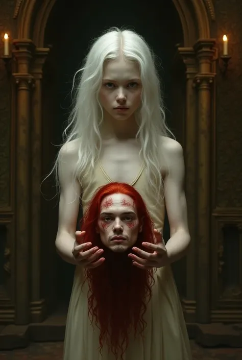 Make a boy with long white hair and very pale skin, in a Renaissance style background, he only wears a tunic that shows part of his thin chest, and holds the head of a decapitated red-haired man with long hair, in Renaissance style.
He is facing the photo.