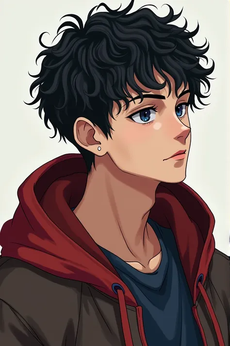 Please,  creates a drawing of a man with black hair,  curly and short ,  with a hood on .  The hood can be red , blue or black  