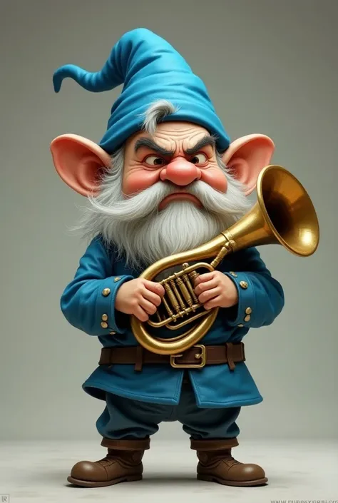 Grumpy dwarf with tuba instrument and blue clothes and hat 
