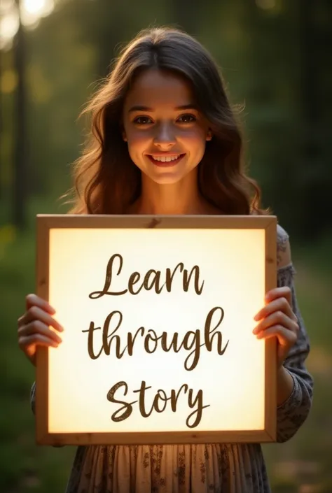 Beautiful girl with heart-warming smile and wavy long hair, bohemian dress, holding a big white board with text "learn English Through Story" and showing it to the viewer, the board is glowing with the black colour text.