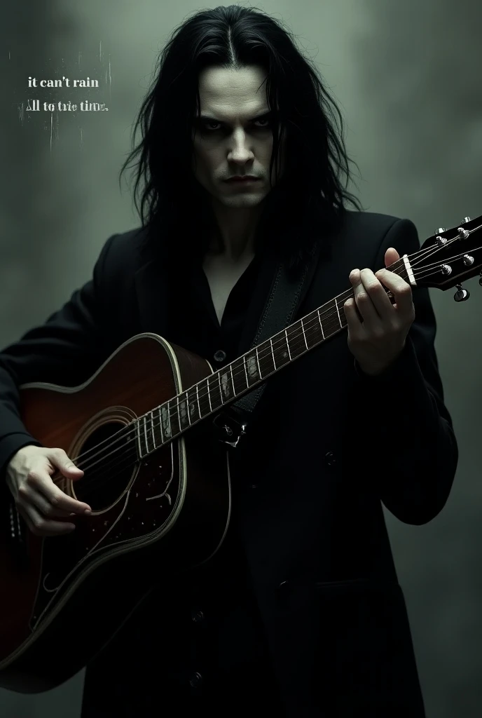 Brandon Lee Eric Draven with long hair holding  a guitar and words it cant rain all the time 