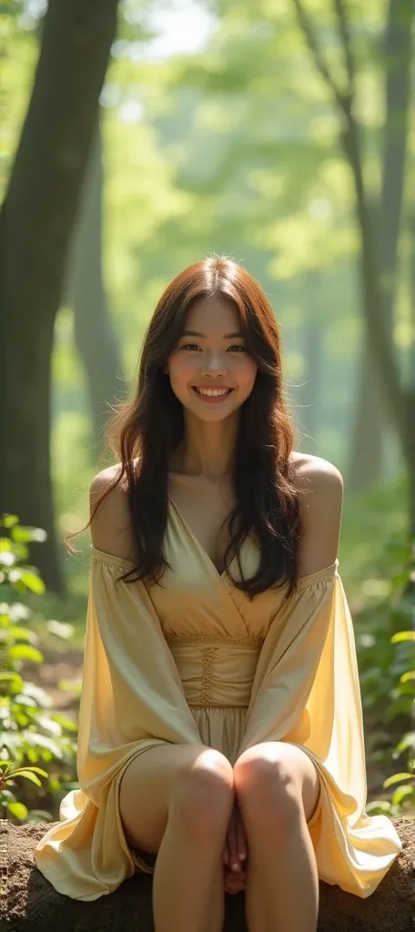 Japanese、cute   Supergirl、   having a happy time in the woods  、   Supergirl  。  live action with sleeves  、Brown Hair,  masterpiece、     Beautiful Girl with High Breasts    、fine 目、  Eyes Swollen  、A Shining Place、  best quality, 超   High Resolution   ,, ...