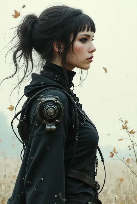 Full plan from head to toe, plano general:1.4, (beautiful cyborg woman ) bold, Menacing gaze.  she is half in profile the image can be seen from head to toe, there is wind,  leaves fly and some dust ,  she wears gothic clothes ,  with mechanical body parts...