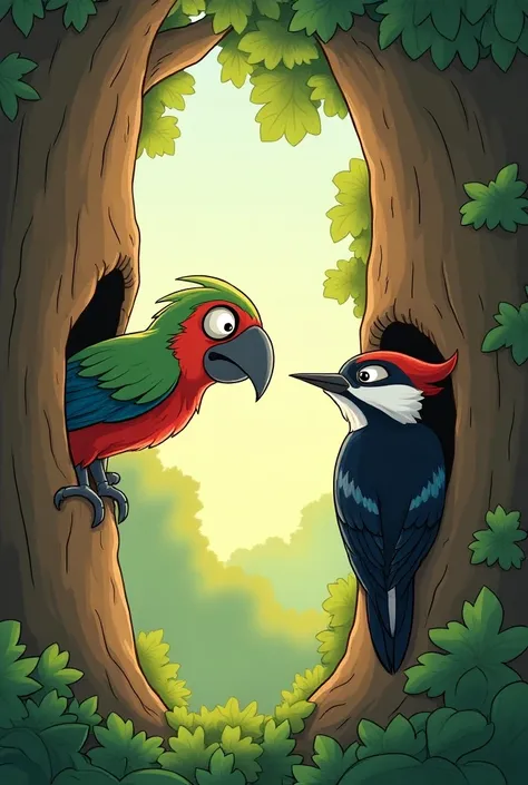 Make a parrot and a woodpecker watching each other from their homes with a certain hate cartoon style