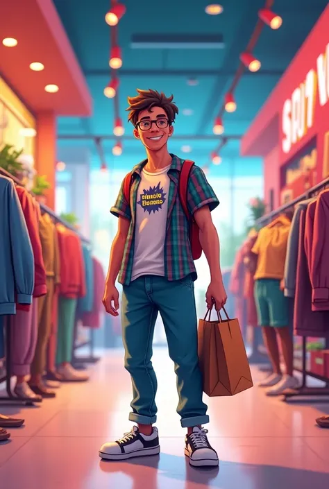 An animated-style image of a man,  25 years old, standing in the center of a clothing store, holding a shopping bag. The customer is wearing a graphic T-shirt, relaxed-fit jeans, and stylish sneakers. The background shows a modern, open retail space with c...