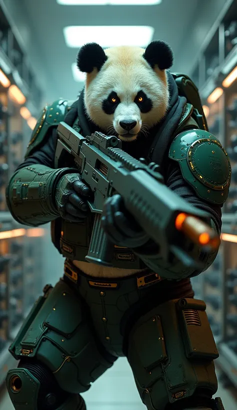 adult panda humanoid,  with dark green cyberpunk armor,  aiming with a futuristic machine gun. intimidating face.  Inside a military weapons room . With neon and shelves with weapons .  blurry cyberpunk style background . 