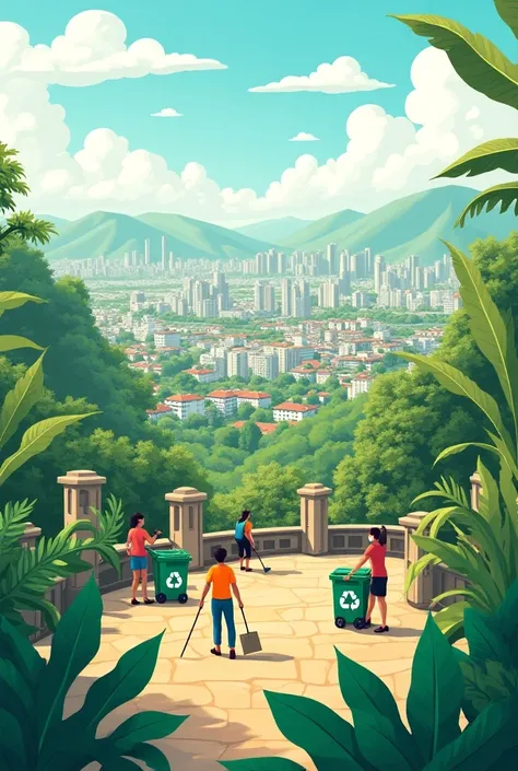 bottom:  A panoramic view of the city of Cali with green areas.
Elements:  Incorporate recycling icons ,  trees and people doing cleaning tasks .  with the following motto  " For a cleaner and greener Cali , united at COP16 ."
