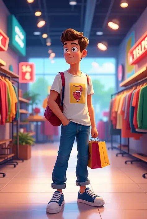 An animated-style image of a man,  25 years old, standing in the center of a clothing store, holding a shopping bag. The customer is wearing a graphic T-shirt, relaxed-fit jeans, and stylish sneakers. The background shows a modern, open retail space with c...