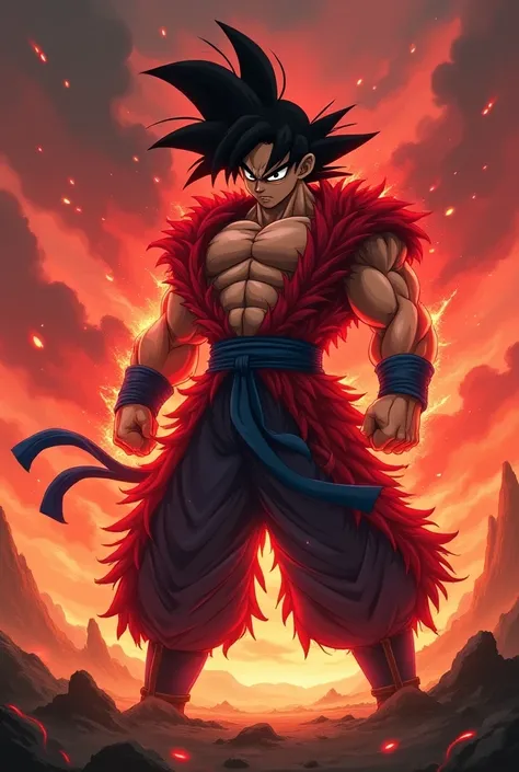 A photo-realistic image of Goku in his Super Saiyan 4 form, standing on a rocky terrain with a fiery red sky behind him. Goku has long black hair and red fur covering his chest and arms, while his muscular body is defined with intense detail. His face show...