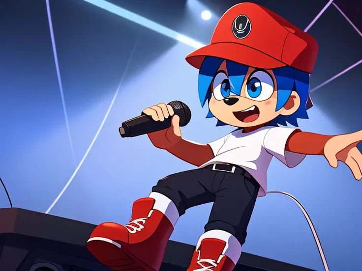 Boy from Freddy Knight Blue hair Big blue eye Red shoes Big red hat Black bental holding a microphone Wearing a white shirt Logo line Studio background Open mouth Big radio background 