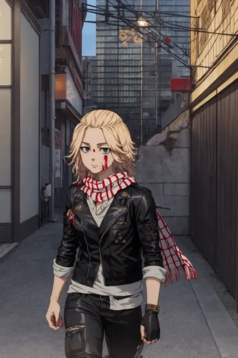 Sano Manjiro in a leather biker outfit and tattered scarf in the middle of zombie infested downtown Tokyo