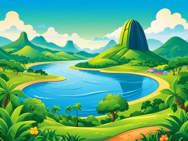 cartoon background with happy, colorful and fun landscape of a place in Brazil with blue sky, lots of green, river and mountainscartoon background with happy, colorful and fun landscape of a place in Brazil with blue sky, lots of green, river and mountains