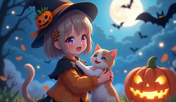 Anime Halloween girl friendship cat, 8K HDR Sharp High quality, Jack-O-Lantern. High Resolution, HD, UHD, Swirly bokeh photography. Night moon bat background. Very beautiful. Best