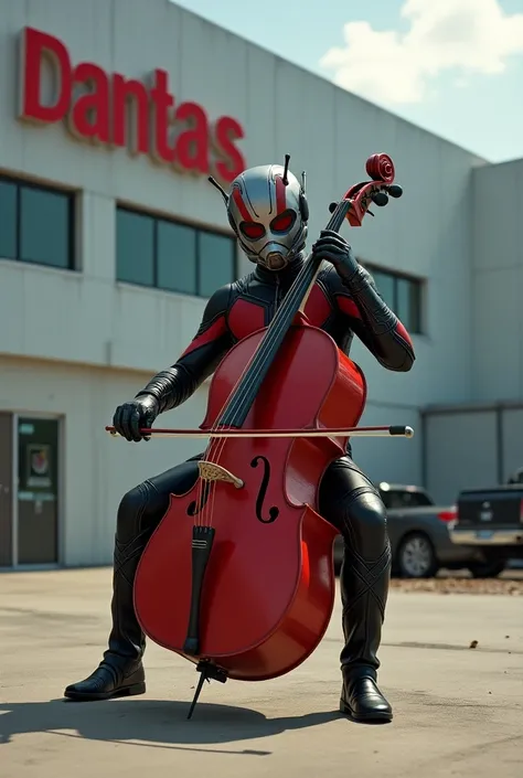 Ant-man playing cello in front of a printing company called Dantas