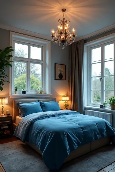 a bedroom, in front of is window, another windows is in right side. A bedroom with blue blanket, one chandelier, two bedside shelf, lightning, garden outside, modern style