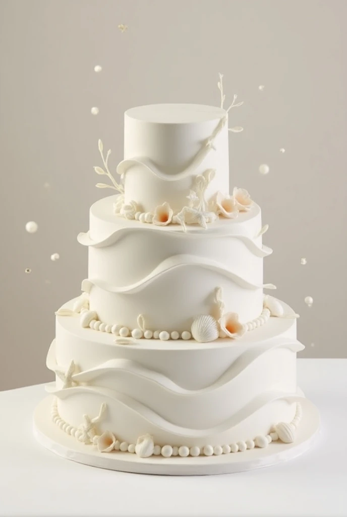  Bake a three-story wedding cake , with several waves in the shape of the sea, in neutral shades of white and sand , with shells , minimalist starfish and pearls 