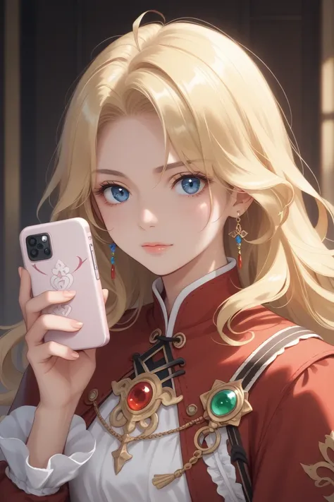 a close up of a woman with long blonde hair holding a cell phone, inspired by Magali Villeneuve, fantasy art portrait, fantasy portrait art, detailed matte fantasy portrait, alice x. zhang, fantasy portrait, epic fantasy art portrait, beautiful fantasy art...