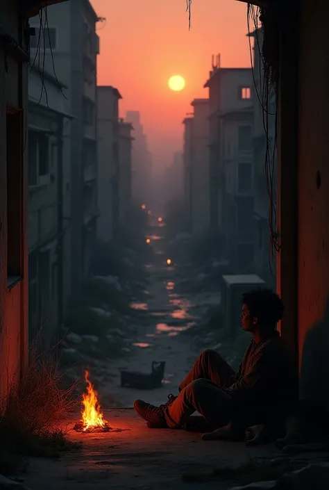 A Person Sitting On The Floor Lying On A Wall Above A Street In An Abandoned City Green Grass Destroyed Buildings Old Vehicles Soft Dark Lighting Realistic High Definition A Dark Sunset Red Sun Campfire And A Dog Next To The Person