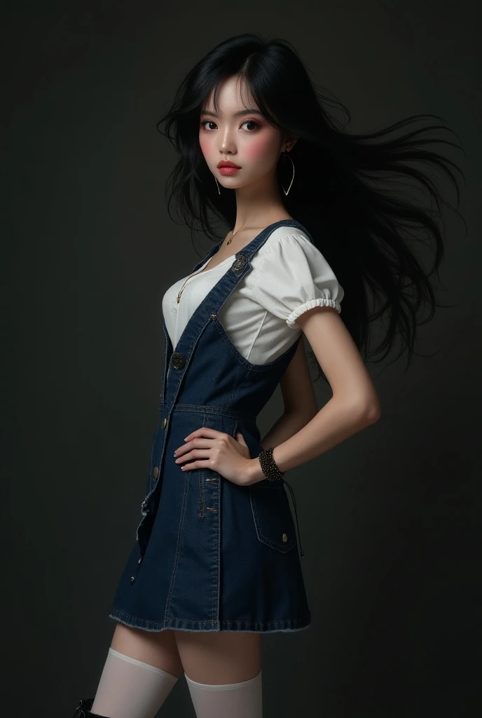 A teenage girl, black haired, white skin,  wearing a white short-sleeved blouse, a dark blue denim dress,  white stockings , tall black boots , and a black background behind her  