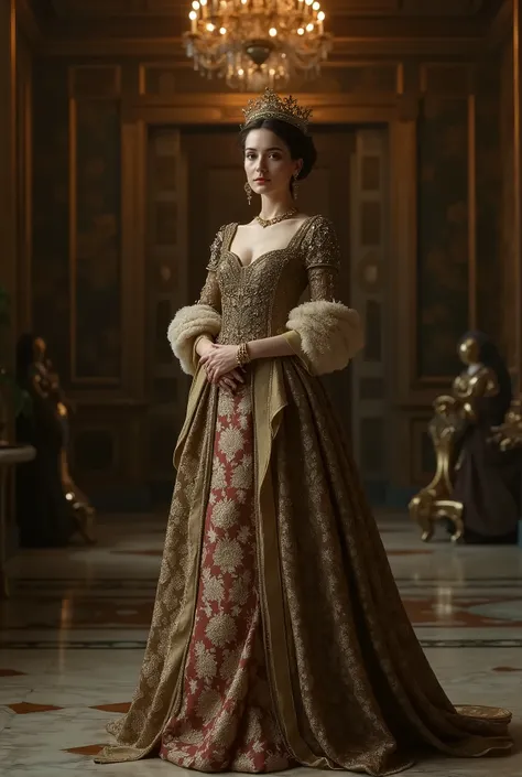 a queen bona sforza in elaborate ballroom gown, extremely detailed royal attire, intricate embroidery, detailed jewelry, luxurious fabrics, elegant poise, ornate ballroom setting, high ceilings, grand chandelier, marble floors, opulent decor, warm lighting...