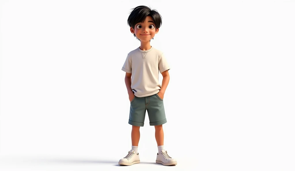 A character ,  he is  , Straight black hair , in shorts, white tennis,  front camera profile, loose arms, disney pixar style, white background