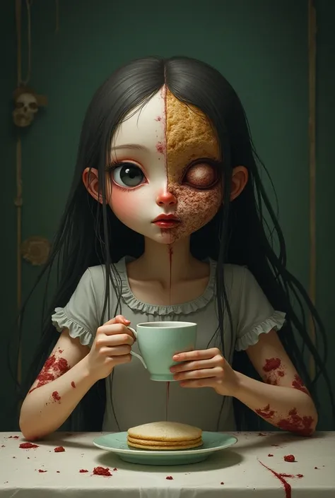 Hermosa niña a con cabello largo tomando te pero su cara fue partida a la mitad su estremidades está hecho de capaz de  pastel  un postre delicioso desmembrado 🍰 un escenario escalofriante y crudo y un choque de realidad y crueldad versión anime Ghibli 