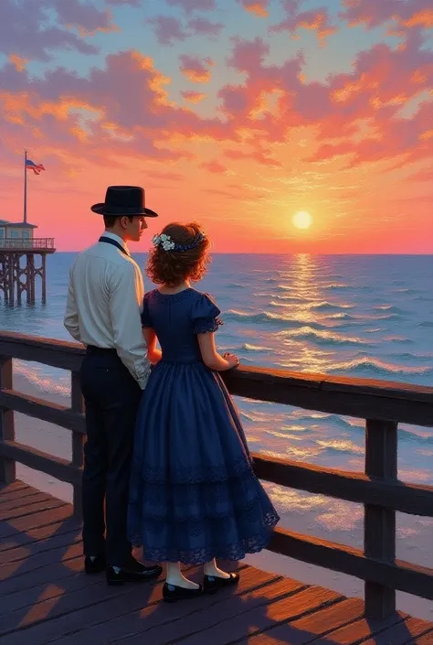 Impressionist style, Van Gogh style, Coney Island, leaning on the railing of a wooden walkway by the sea, the sun setting on the horizon, a man and a woman in old-fashioned clothes watching the sunset, the wind blowing from the hills to the sea, retro styl...