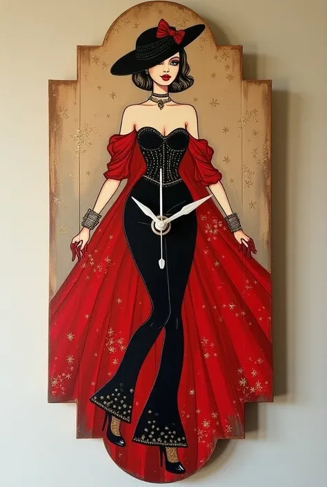 hand painted wood clock  with fashion illustration, with a stylish lady , colors red, black,white and golden glitter, item for sale , on social media