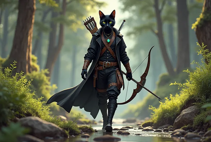  Embellish the background Create a picture of a humanoid , anthropomorphen, black cat ,  who walks through the forest next to a stream with a longbow on his back and an acoustic guitar.  He wears high leather boots ,  pants with trouser pockets and a long ...