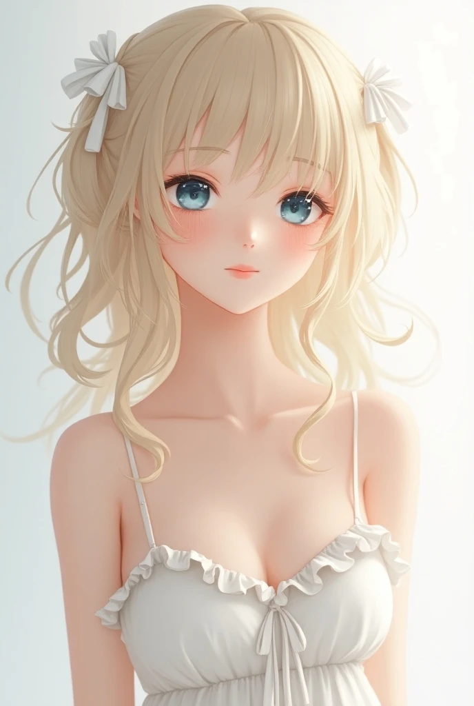 Yukka ende, beautiful face, blue eyes ,blonde hair, white hair bows, solo, 1girl, masterpiece, ((white background)), looking side, cute smile, bokeh, white frilled camisole, white micro skirt, light clothes, bare arms, color bone, bare legs, middle chest, ...