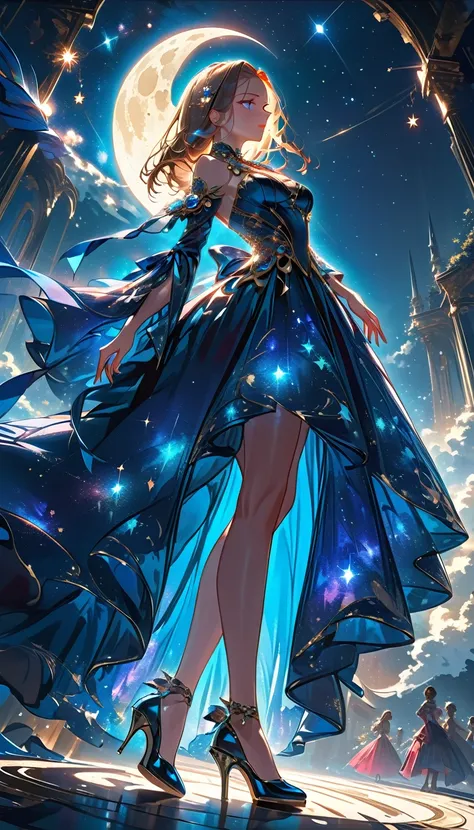 a beautiful model wearing an intricate clack dress, in a fashion show,  there are glowing stars on the dress, wearing high heels, it is night time the moon in the sky, fantasy art, 16K, full body, silhouette, from side, Ultra-Wide Angle, retina, UHD, best ...