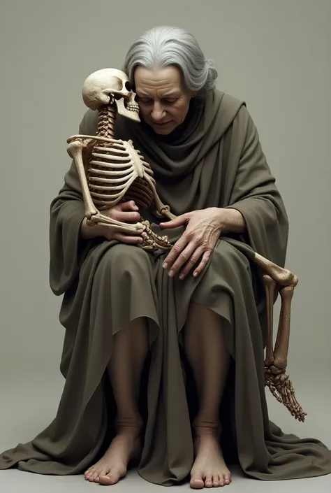 Gray-haired elderly woman kneeling like Michelangelos Pieta with realistic male skeleton on her lap