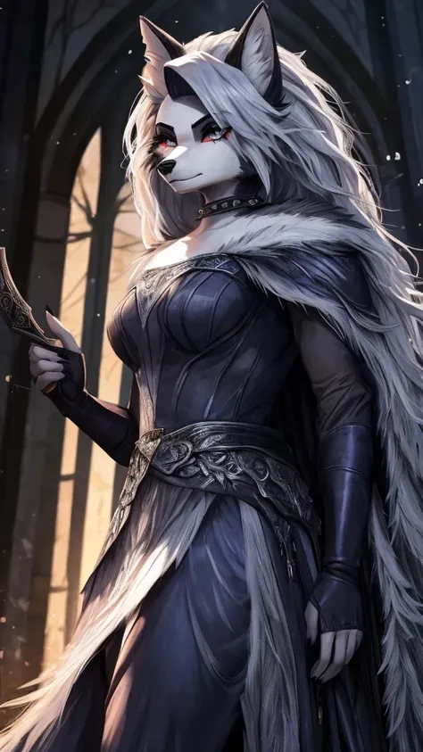 loona from helluva boss, female wolf, mature adult, white hair, grey eyes, as malenia blade of miquella (elden ring), tall, deta...