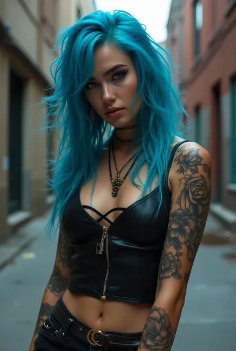 Blue-haired female model urban styles with tattoos prostitute clothes 