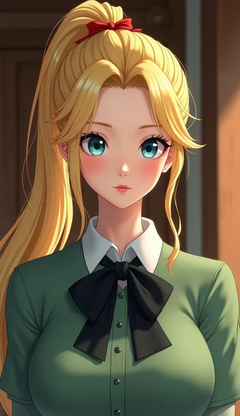 "a beautiful young woman with long yellow hair tied in a high ponytail,  tied with a red ribbon . She has very expressive blue eyes and a delicate complexion ,  similar to porcelain .  His outfit is a classic school uniform :  a buttoned green blouse with ...